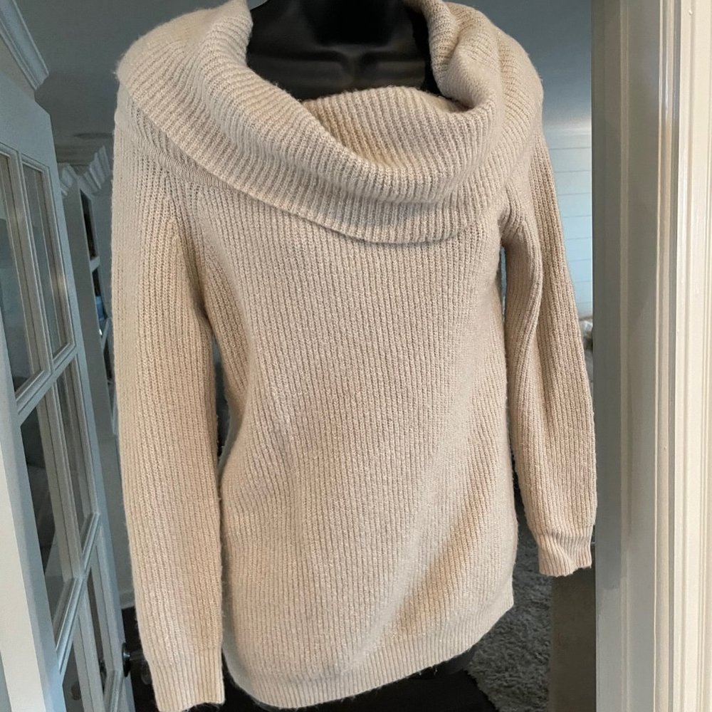 Sweater.  NWOT.  Tan,Off shoulder, Long Slv, Cowl Neck. Sz:  SM. Soft and Warm.
